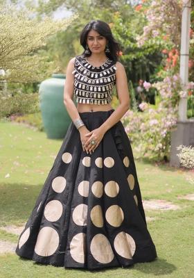 Black Mirror Work Silk Blend Lehenga Set
