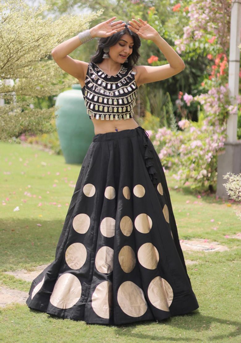 Black Mirror Work Silk Blend Lehenga Set - Indya
