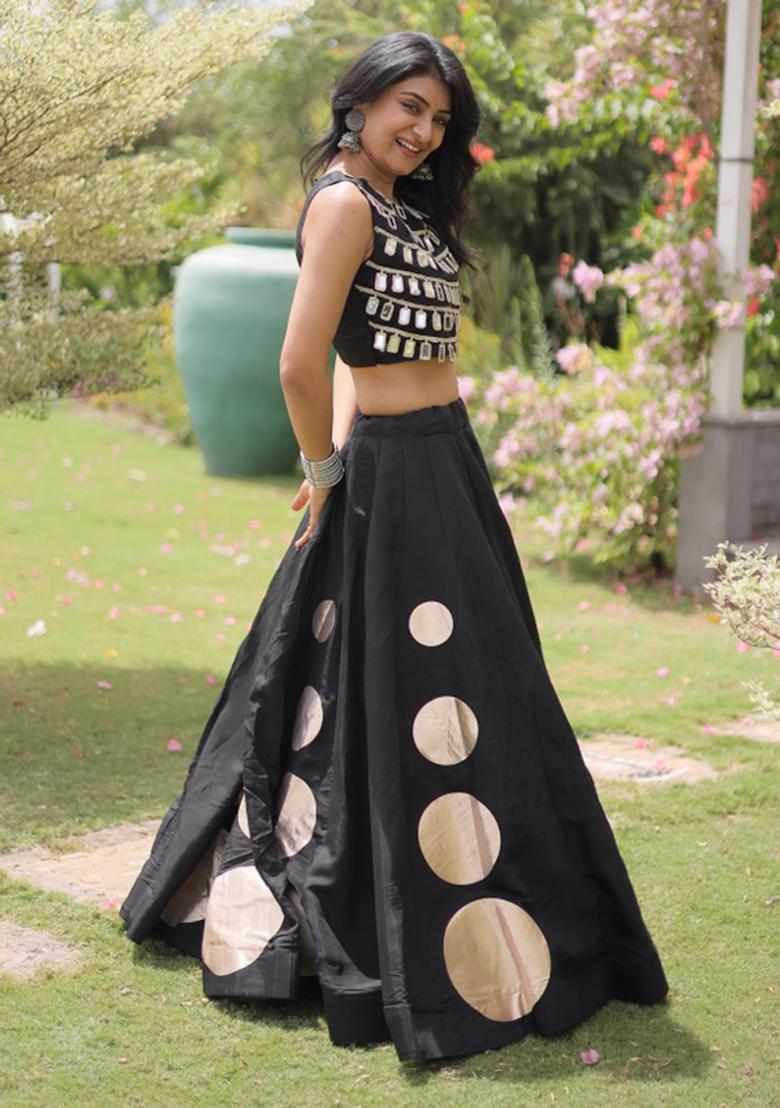 Black Mirror Work Silk Blend Lehenga Set - Indya