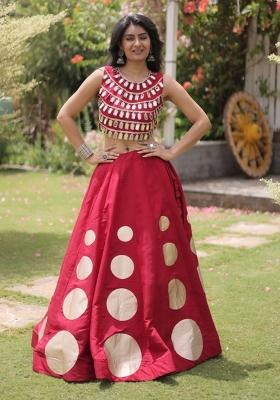 Maroon Mirror Work Silk Blend Lehenga Set