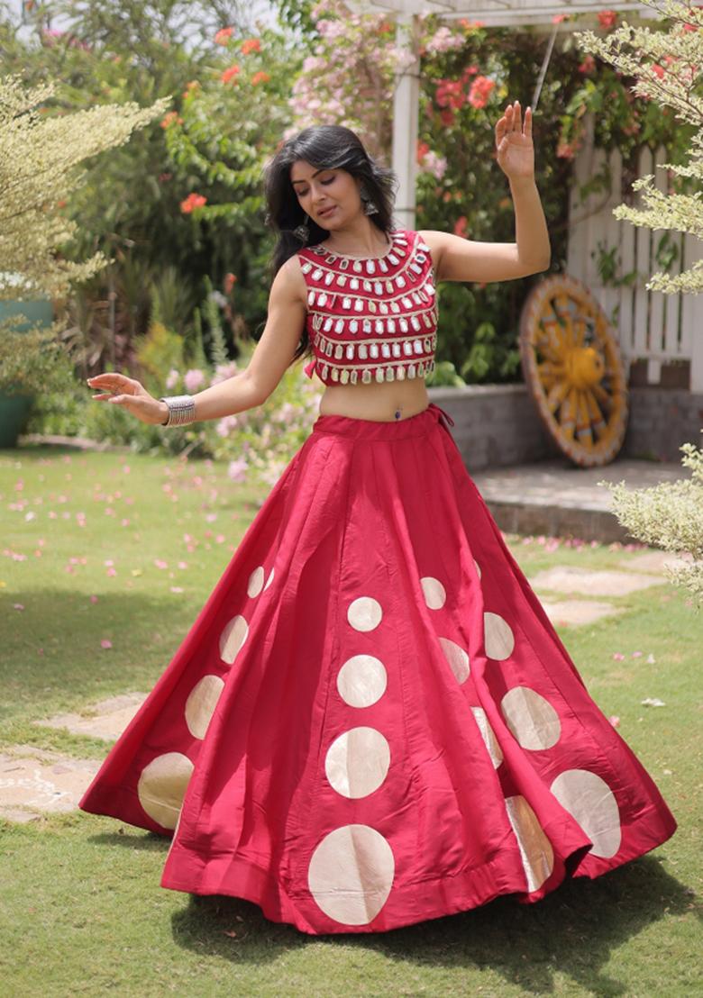 Maroon Mirror Work Silk Blend Lehenga Set - Indya