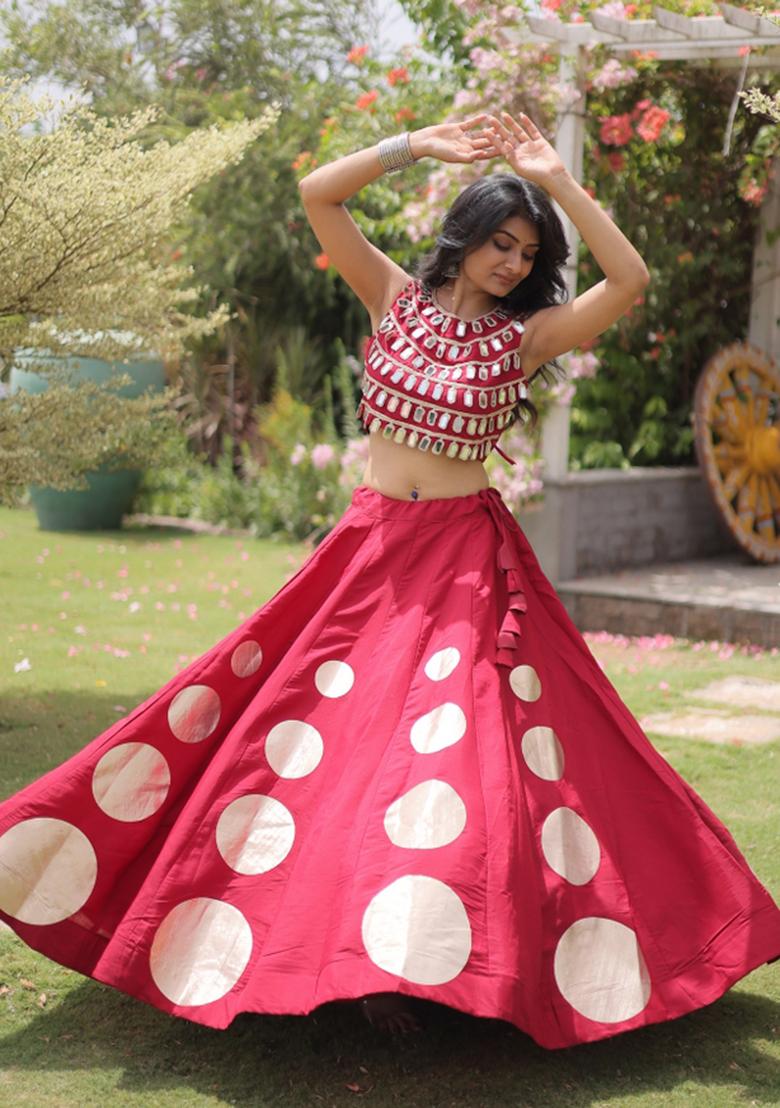 Maroon Mirror Work Silk Blend Lehenga Set - Indya