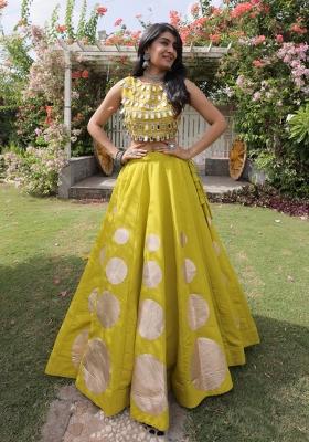 Parrot Green Mirror Work Silk Blend Lehenga Set