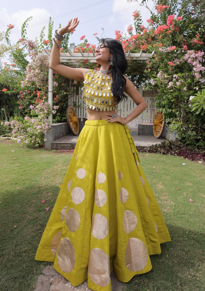 Parrot Green Mirror Work Silk Blend Lehenga Set - Indya