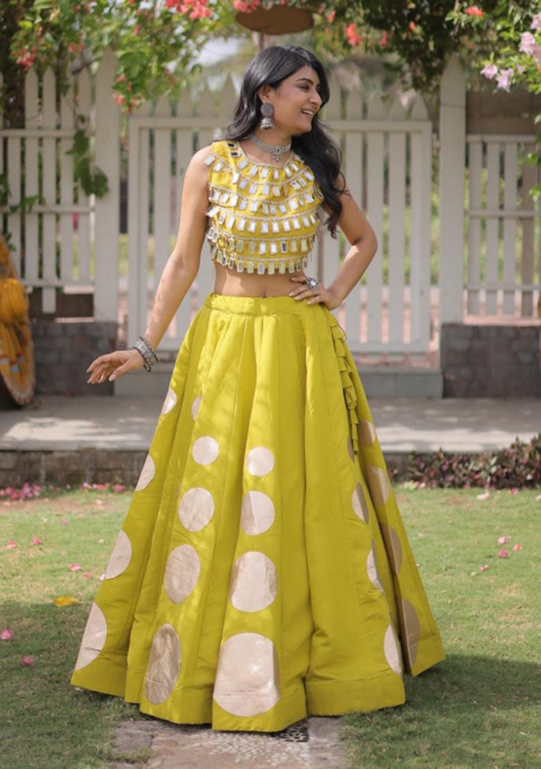 Parrot Green Mirror Work Silk Blend Lehenga Set - Indya