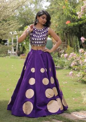 Purple Mirror Work Silk Blend Lehenga Set