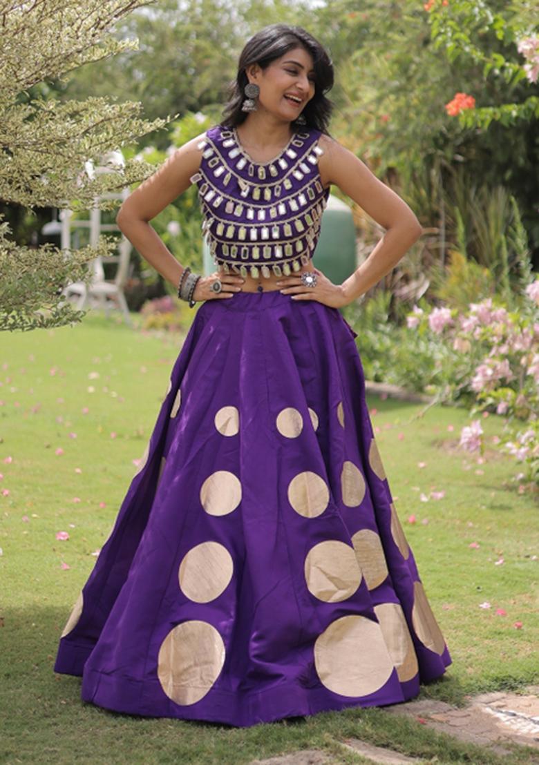 Purple Mirror Work Silk Blend Lehenga Set - Indya