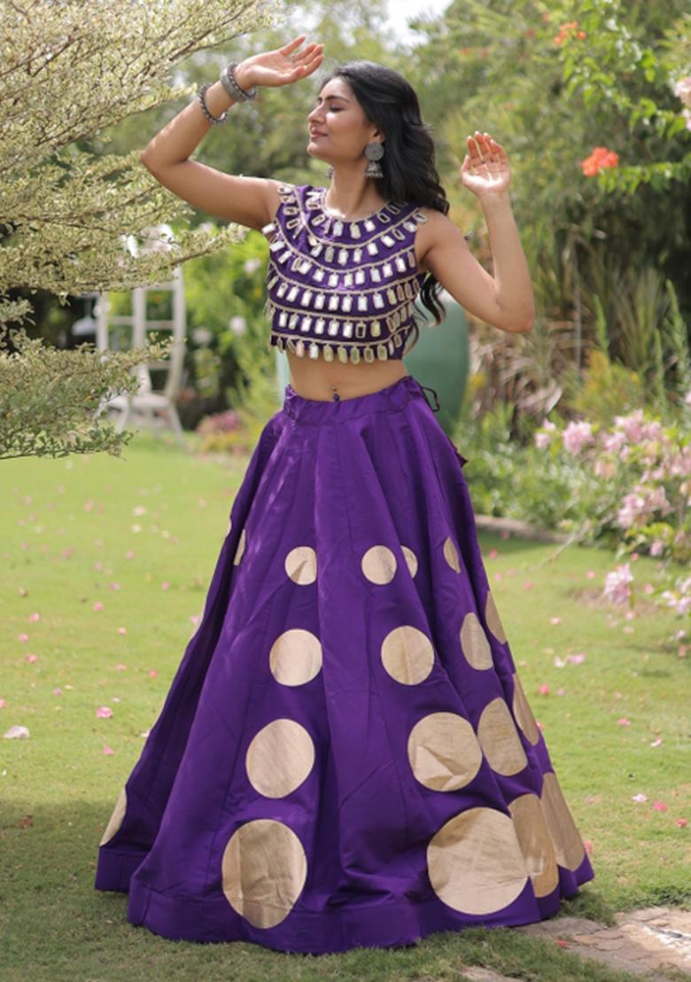 Purple Mirror Work Silk Blend Lehenga Set - Indya