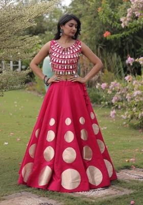 Rani Pink Mirror Work Silk Blend Lehenga Set