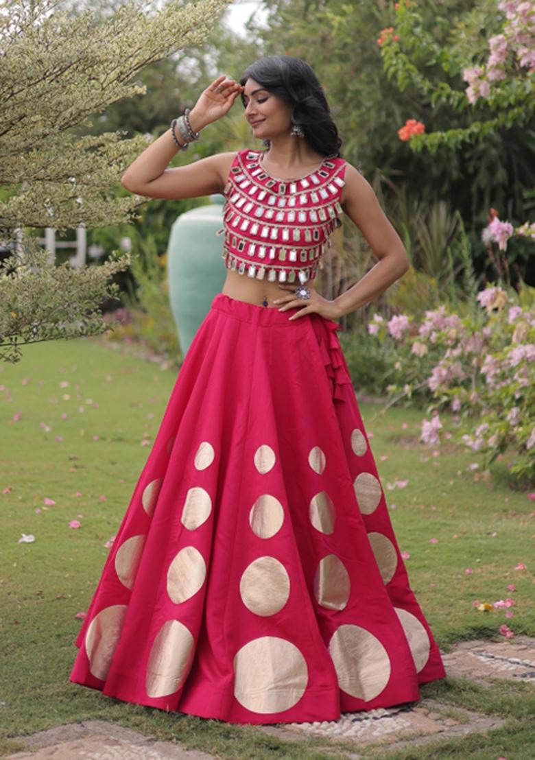 Rani Pink Mirror Work Silk Blend Lehenga Set - Indya
