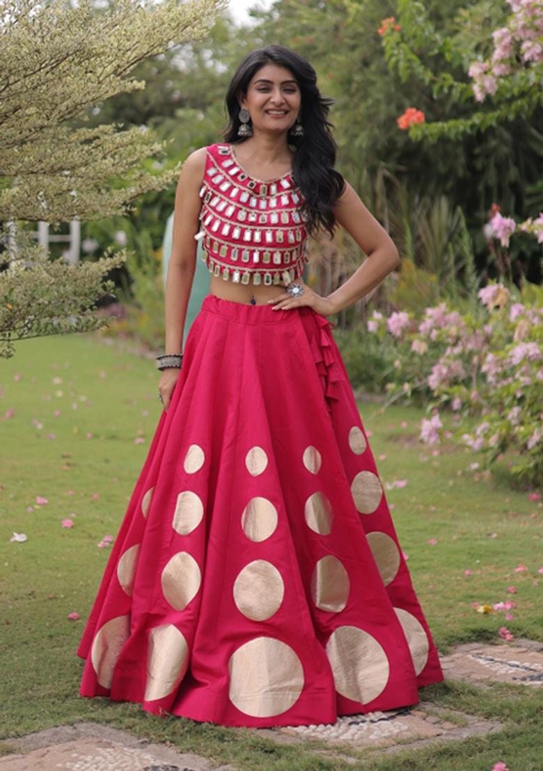 Rani Pink Mirror Work Silk Blend Lehenga Set - Indya