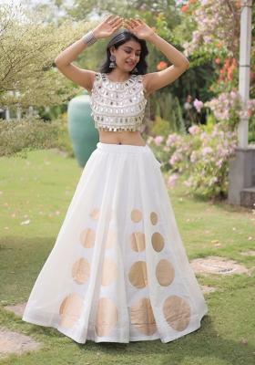White Mirror Work Silk Blend Lehenga Set