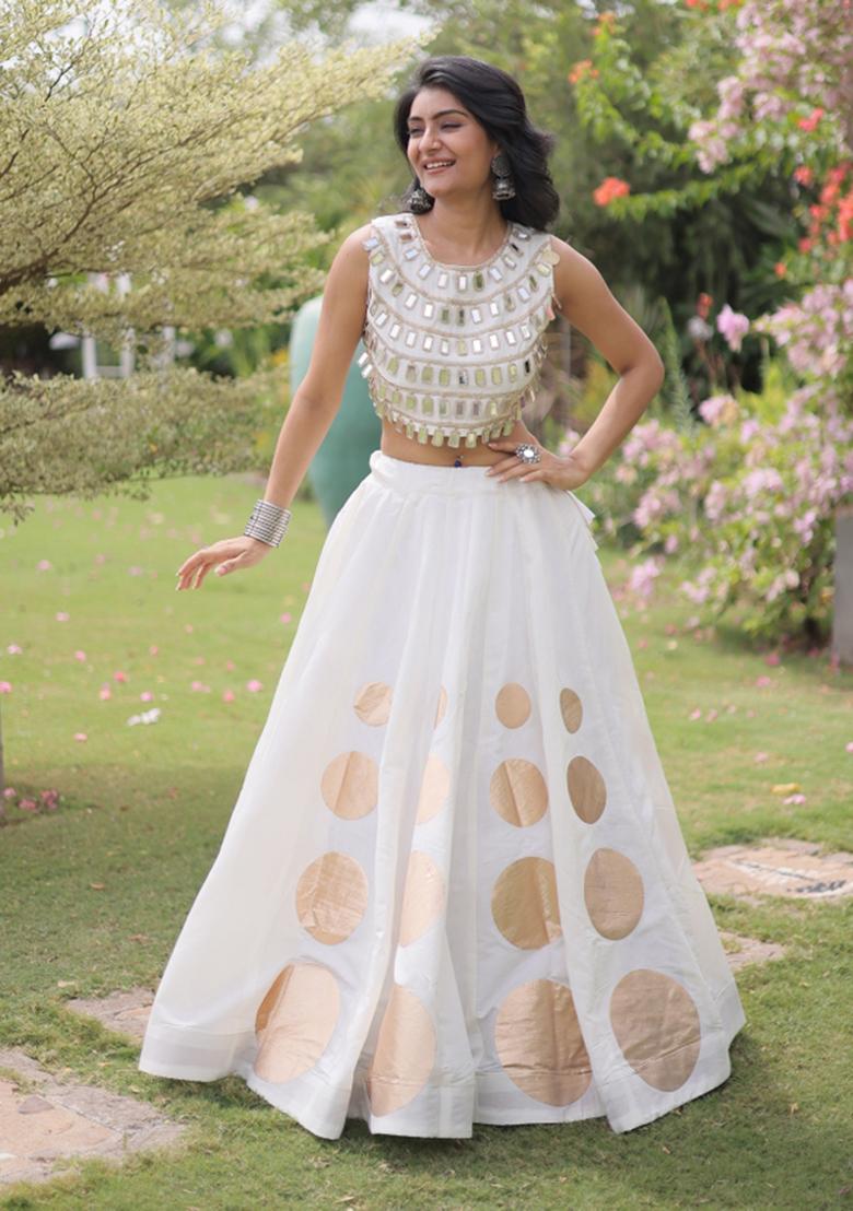 White Mirror Work Silk Blend Lehenga Set - Indya