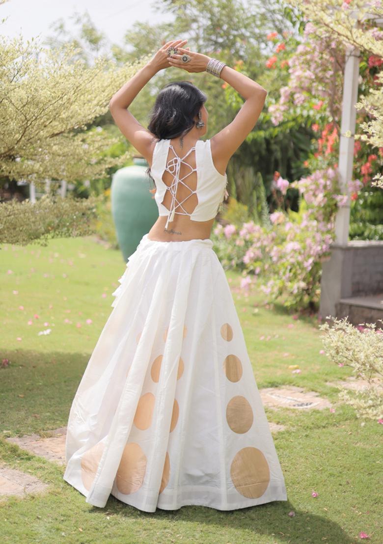 White Mirror Work Silk Blend Lehenga Set - Indya