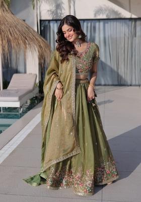 Green Embroidered Silk Blend Lehenga Set