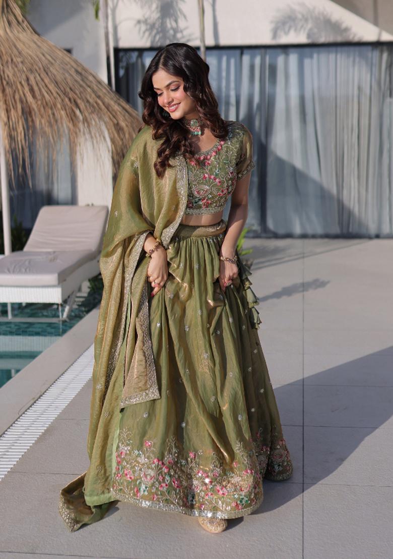 Green Embroidered Silk Blend Lehenga Set - Indya