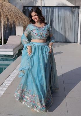 Sky Blue Embroidered Silk Blend Lehenga Set