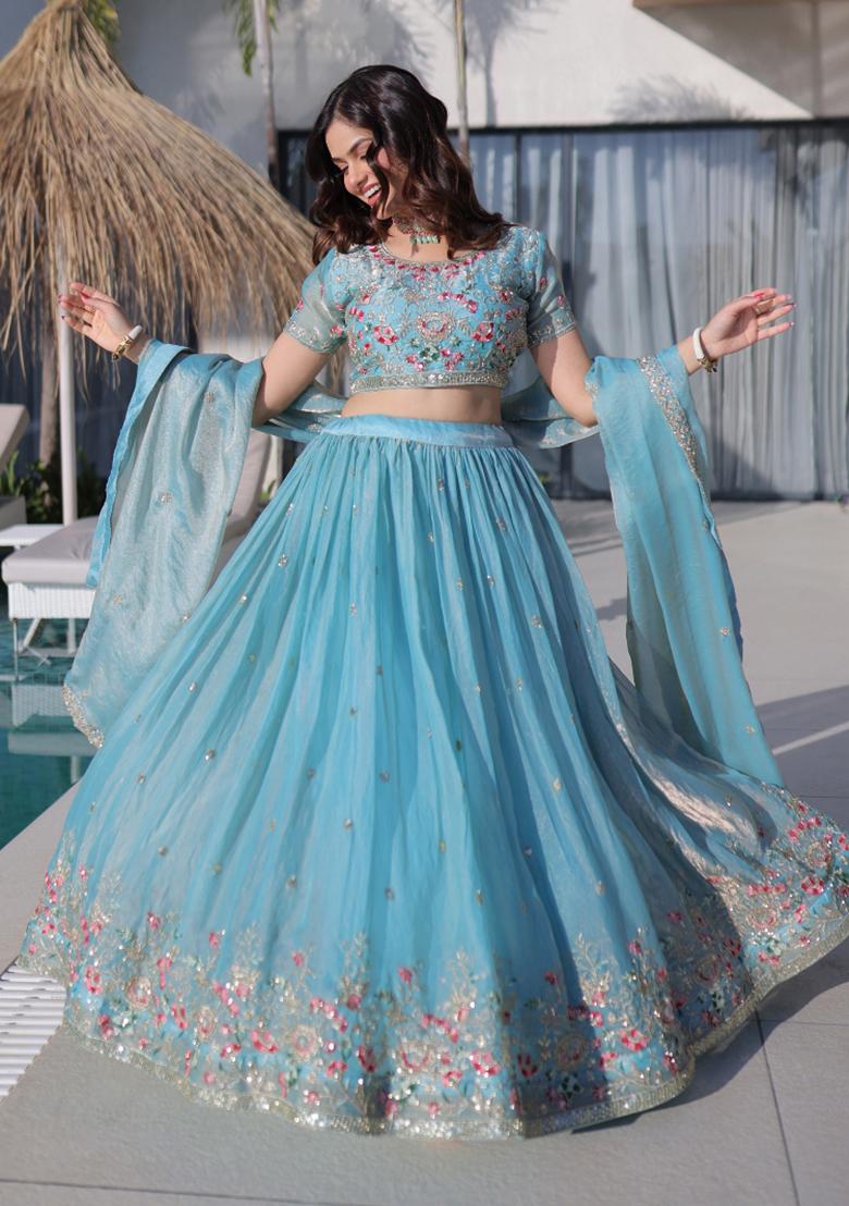 Sky Blue Embroidered Silk Blend Lehenga Set - Indya