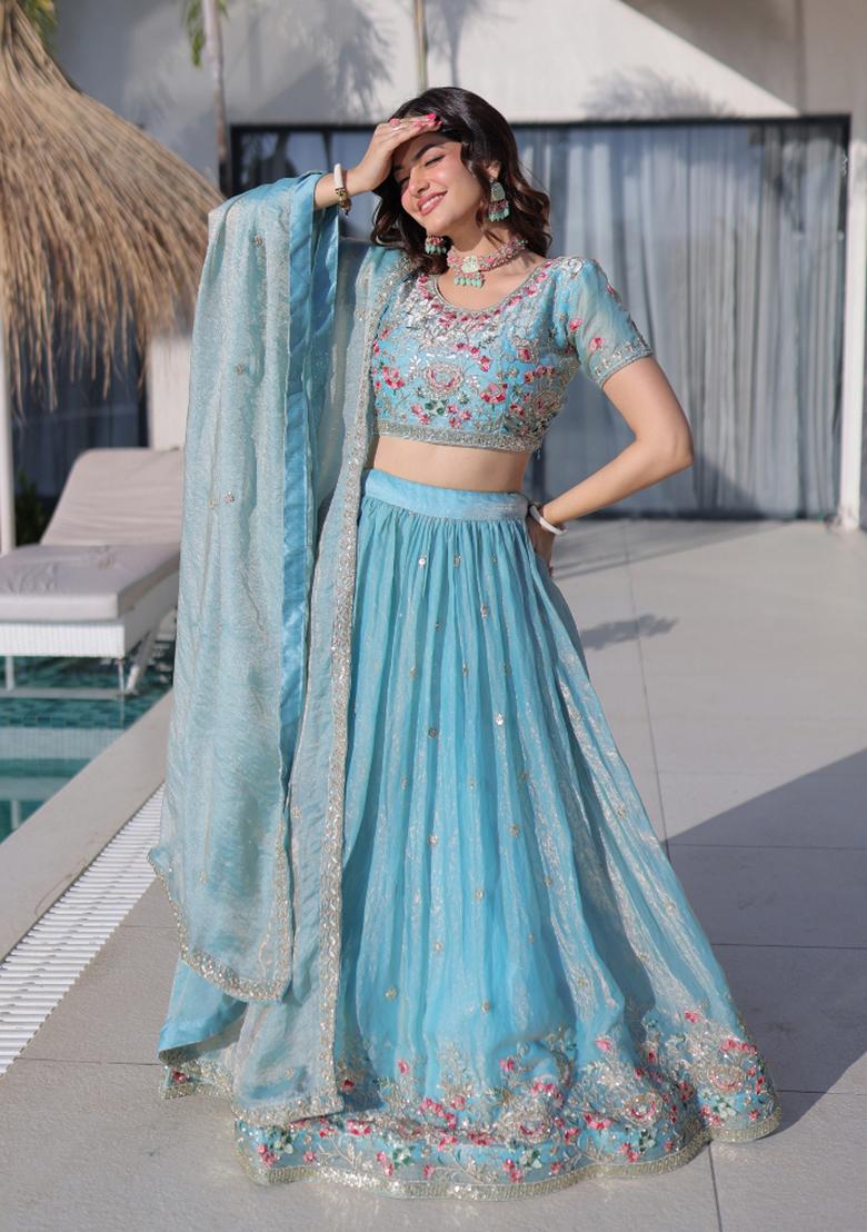 Sky Blue Embroidered Silk Blend Lehenga Set - Indya