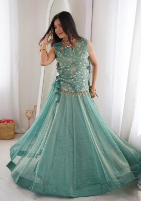 Sky Blue Zari Work Silk Blend Lehenga Set