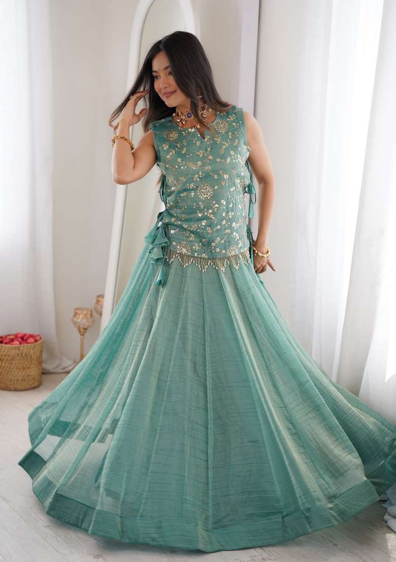 Sky Blue Zari Work Silk Blend Lehenga Set for Diwali and Festive Wear - Indya