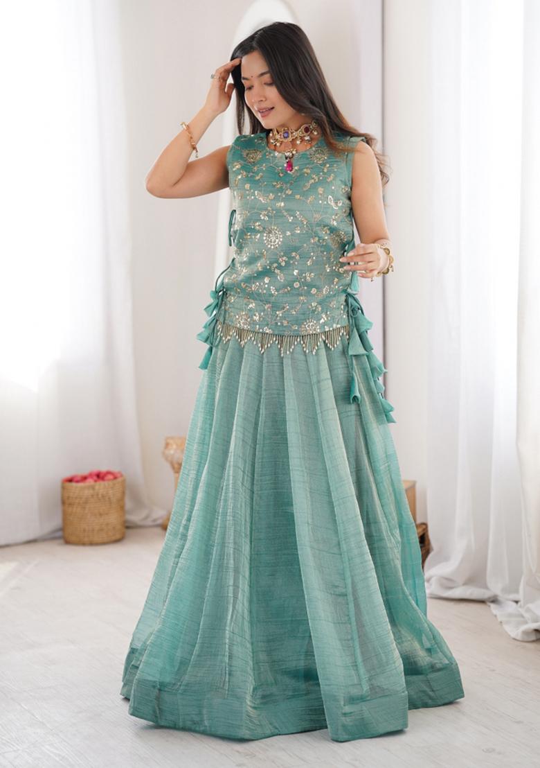 Sky Blue Zari Work Silk Blend Lehenga Set - Indya