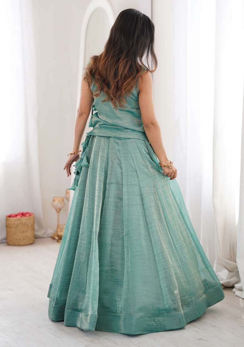 Sky Blue Zari Work Silk Blend Lehenga Set for Diwali and Festive Wear - Indya