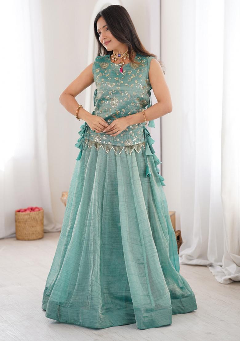 Sky Blue Zari Work Silk Blend Lehenga Set - Indya