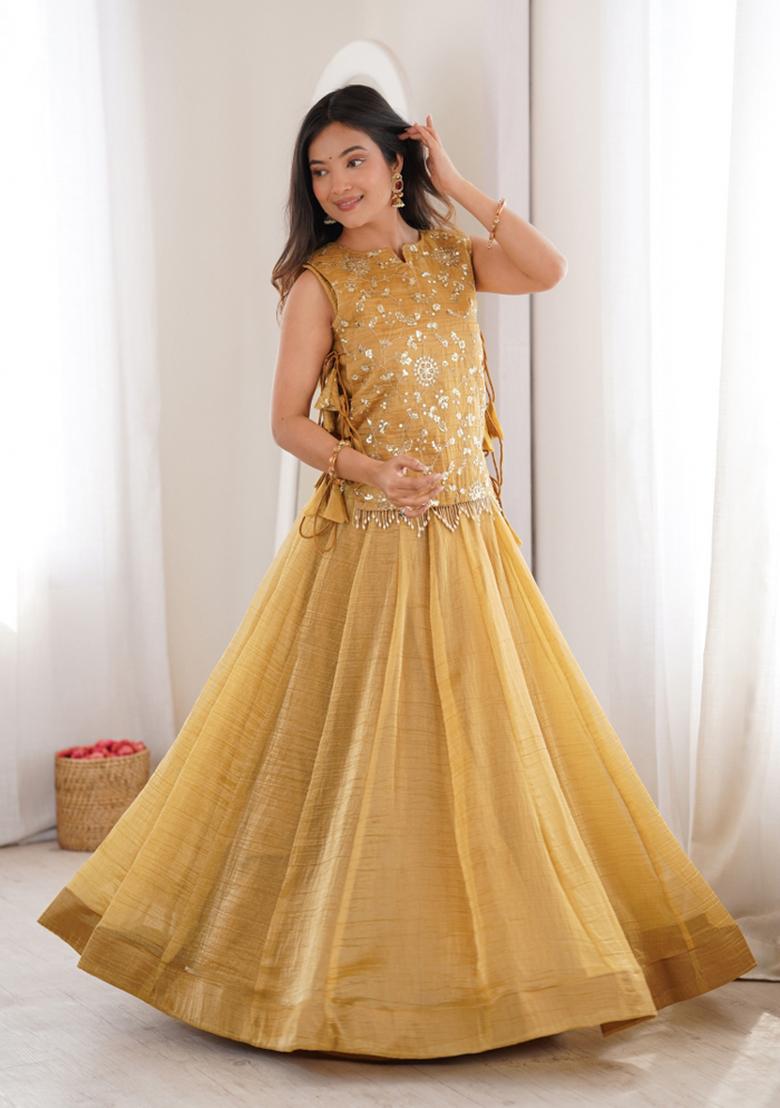 Gold Zari Work Silk Blend Lehenga Set - Indya