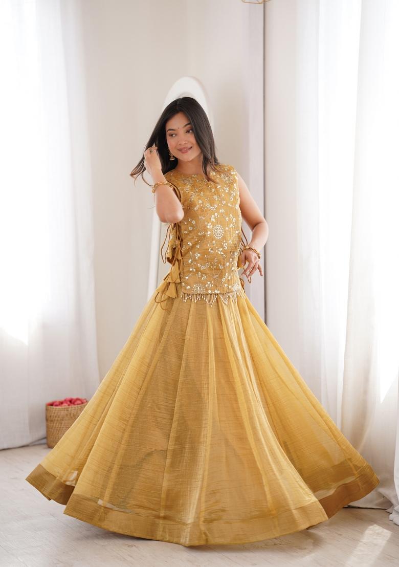 Gold Zari Work Silk Blend Lehenga Set - Indya