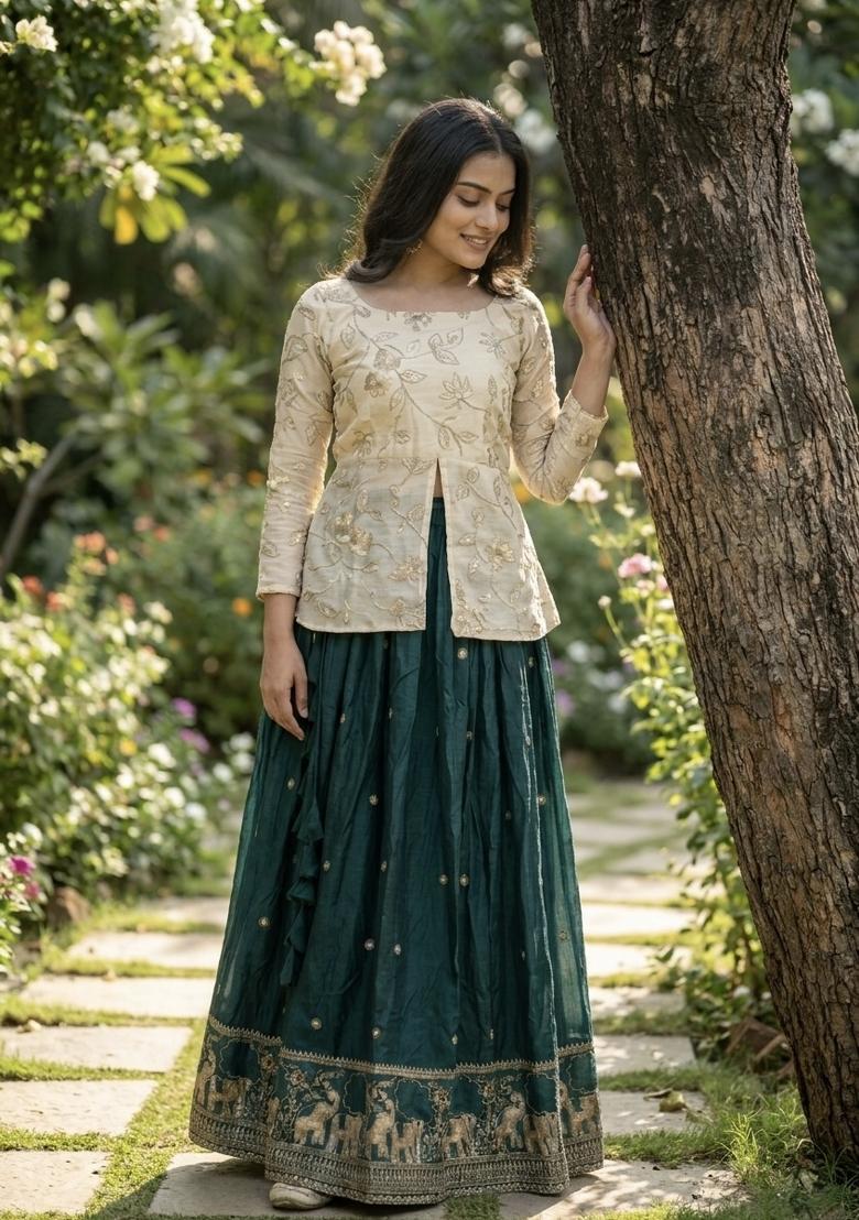 Green Zari Work Silk Blend Lehenga Set - Indya