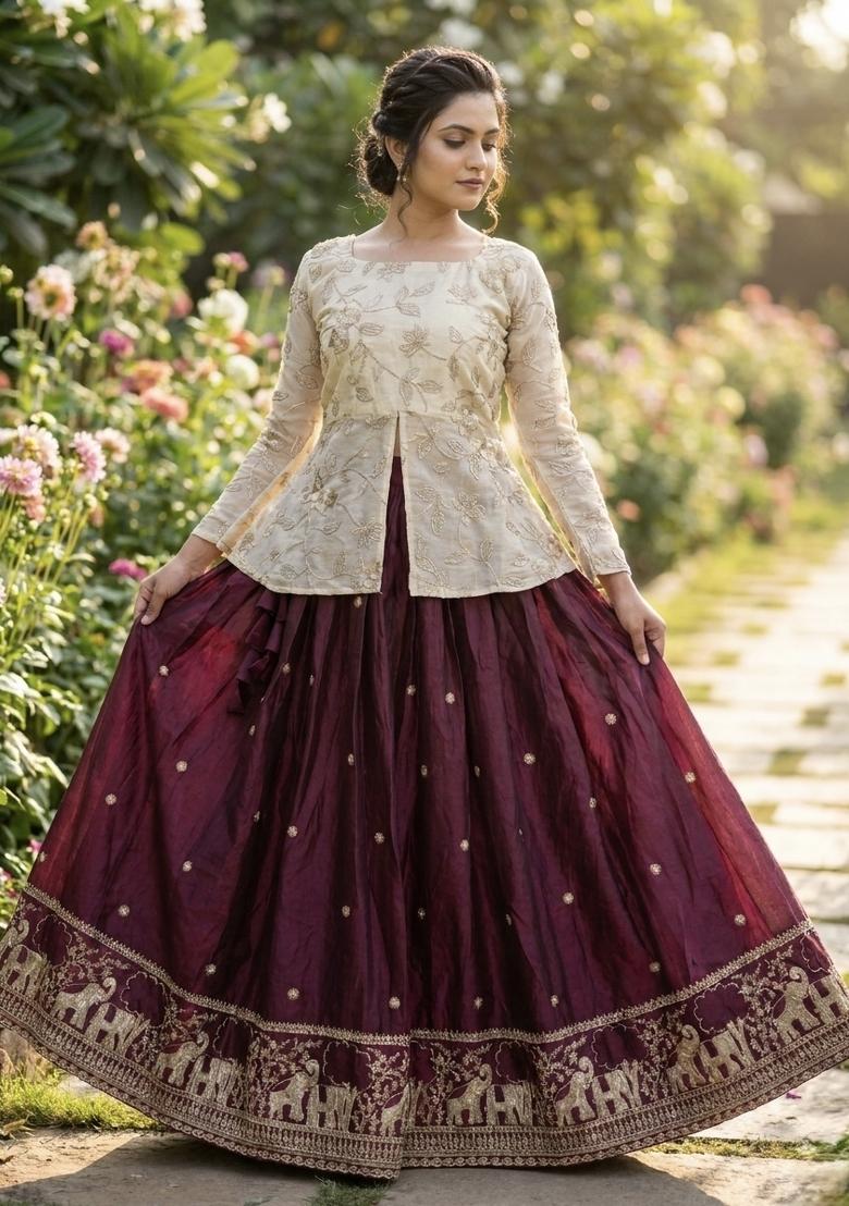 Wine Zari Work Silk Blend Lehenga Set - Indya