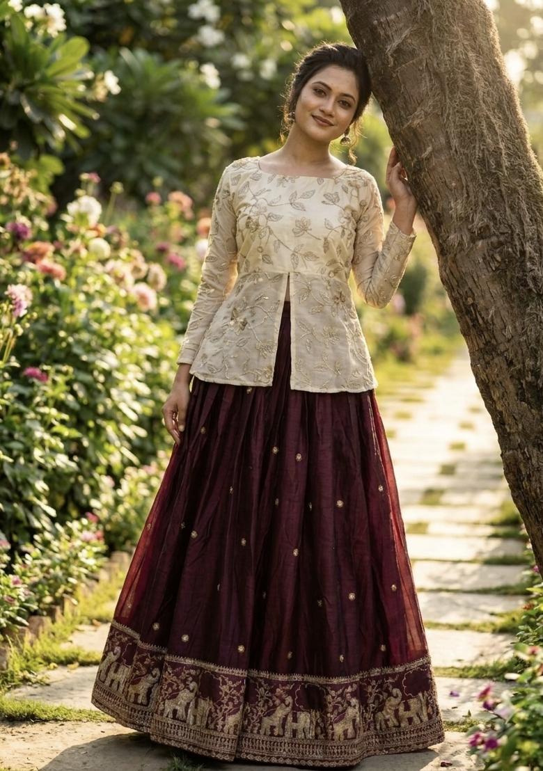 Wine Zari Work Silk Blend Lehenga Set - Indya