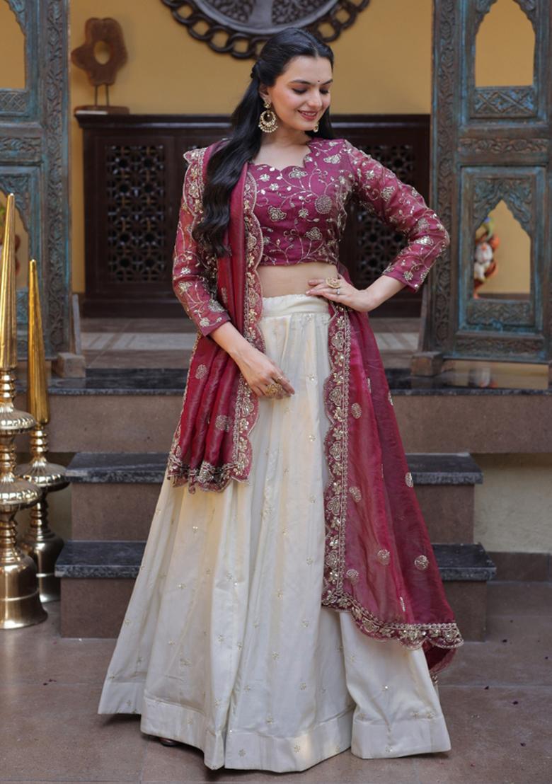Off White Zari Work Silk Blend Lehenga Set - Indya