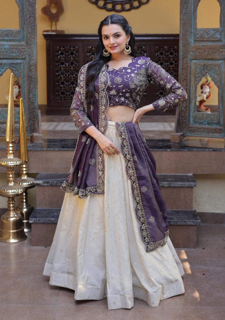 Off White Zari Work Silk Blend Lehenga Set - Indya