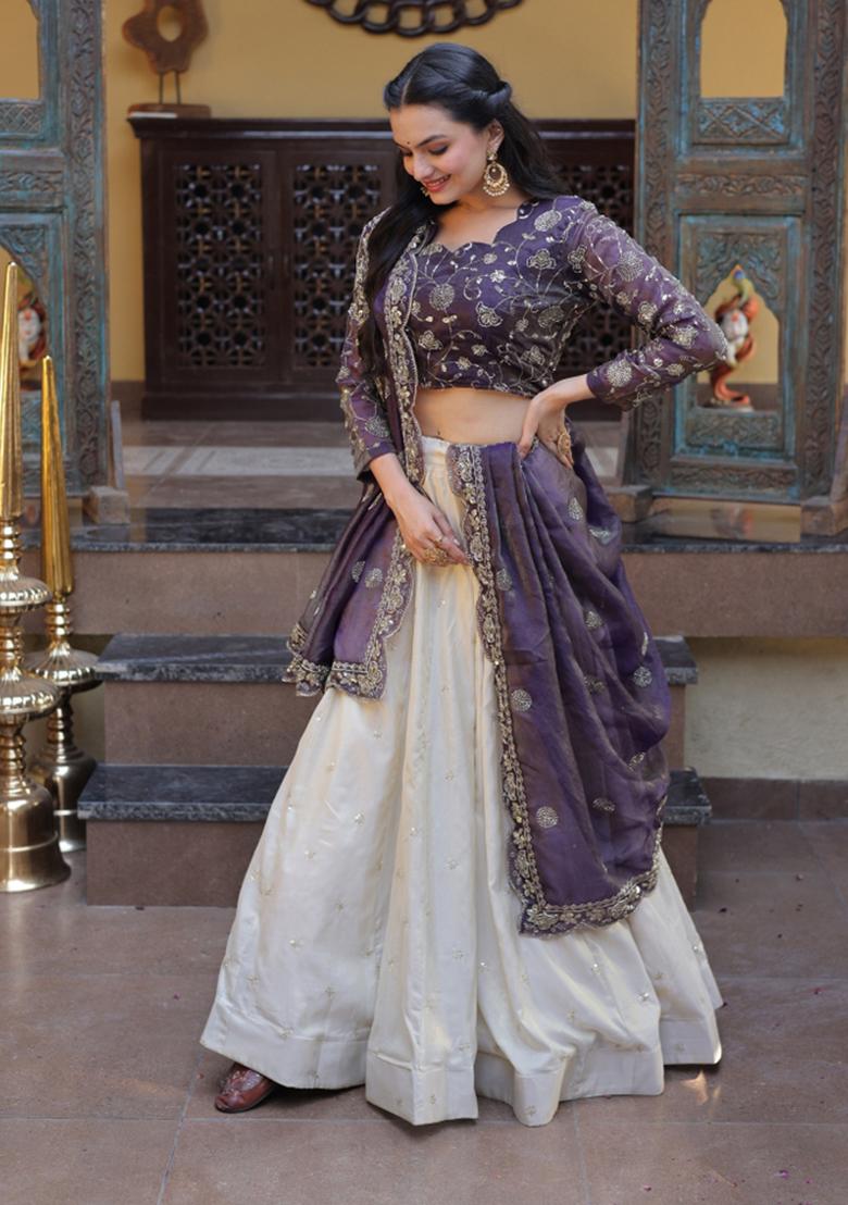 Off White Zari Work Silk Blend Lehenga Set - Indya