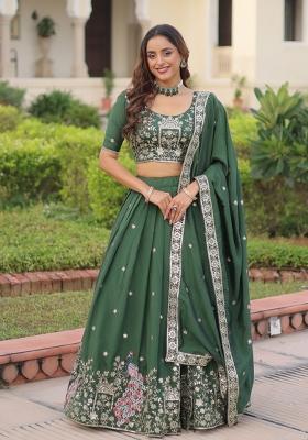 Green Zari Work Silk Blend Lehenga Set