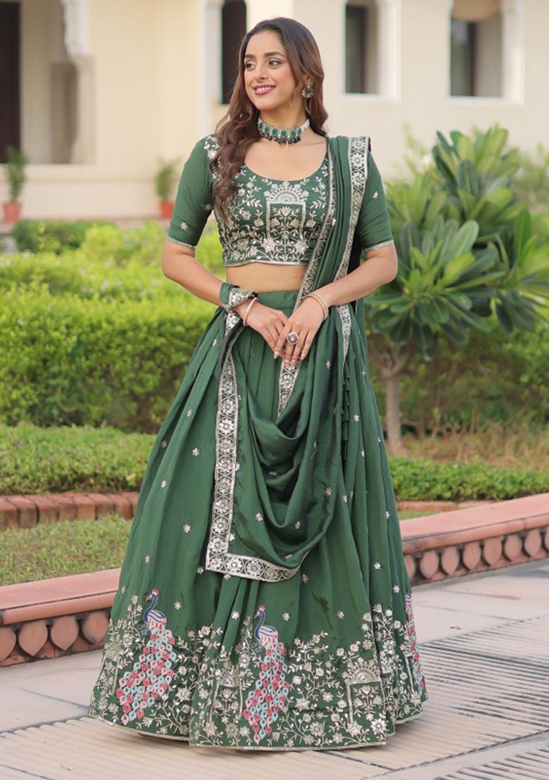 Green Zari Work Silk Blend Lehenga Set - Indya