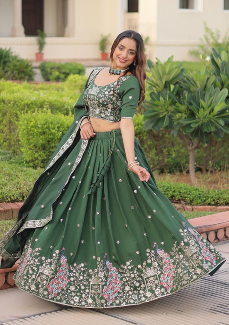 Green Zari Work Silk Blend Lehenga Set - Indya