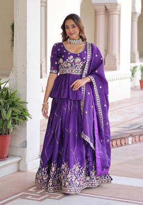Purple Embroidered Silk Lehenga Set