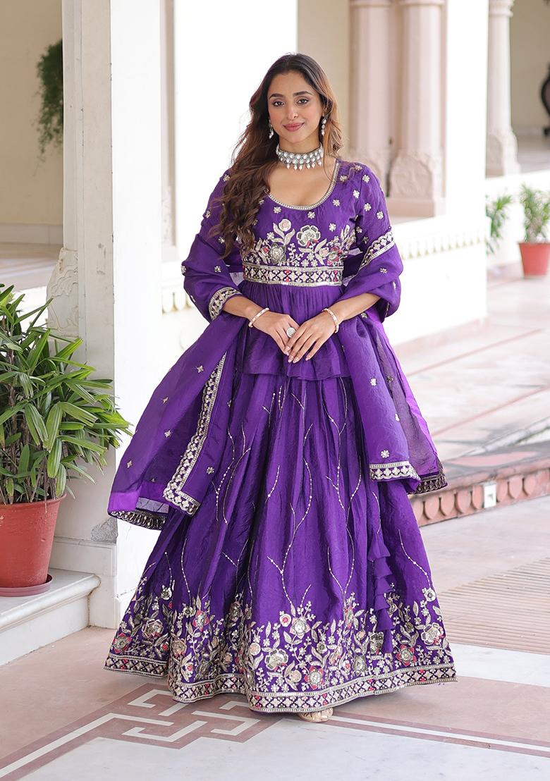 Purple Embroidered Silk Lehenga Set - Indya