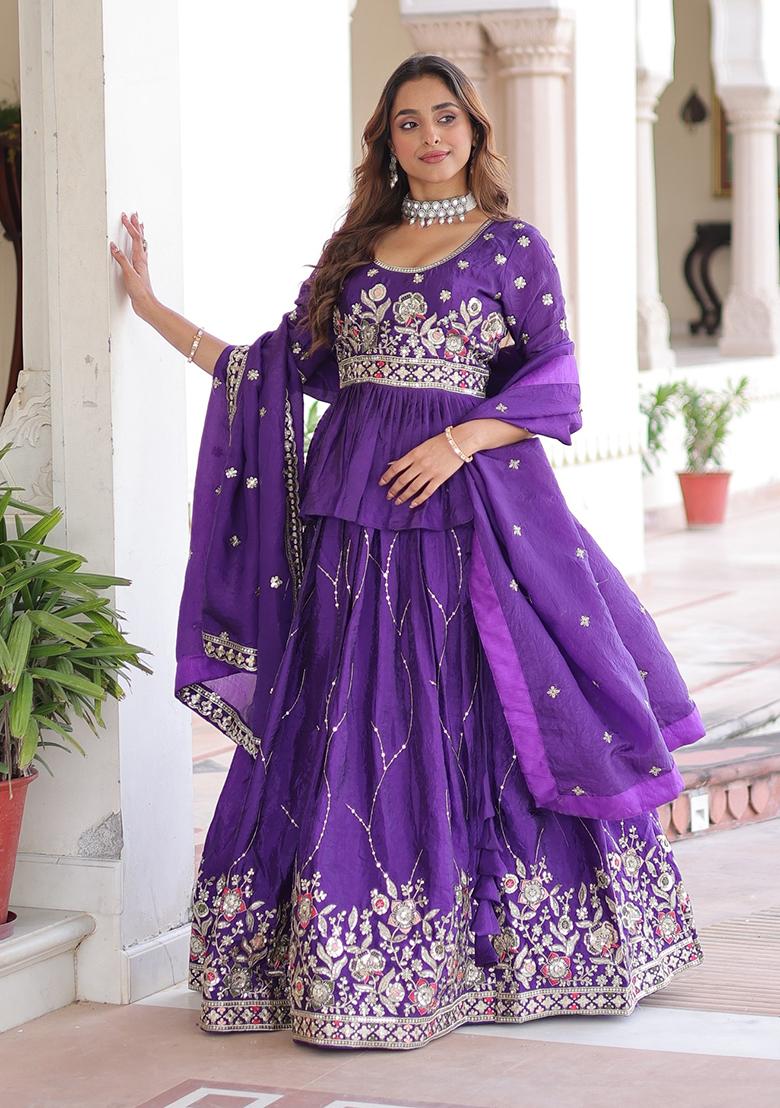 Purple Embroidered Silk Lehenga Set - Indya