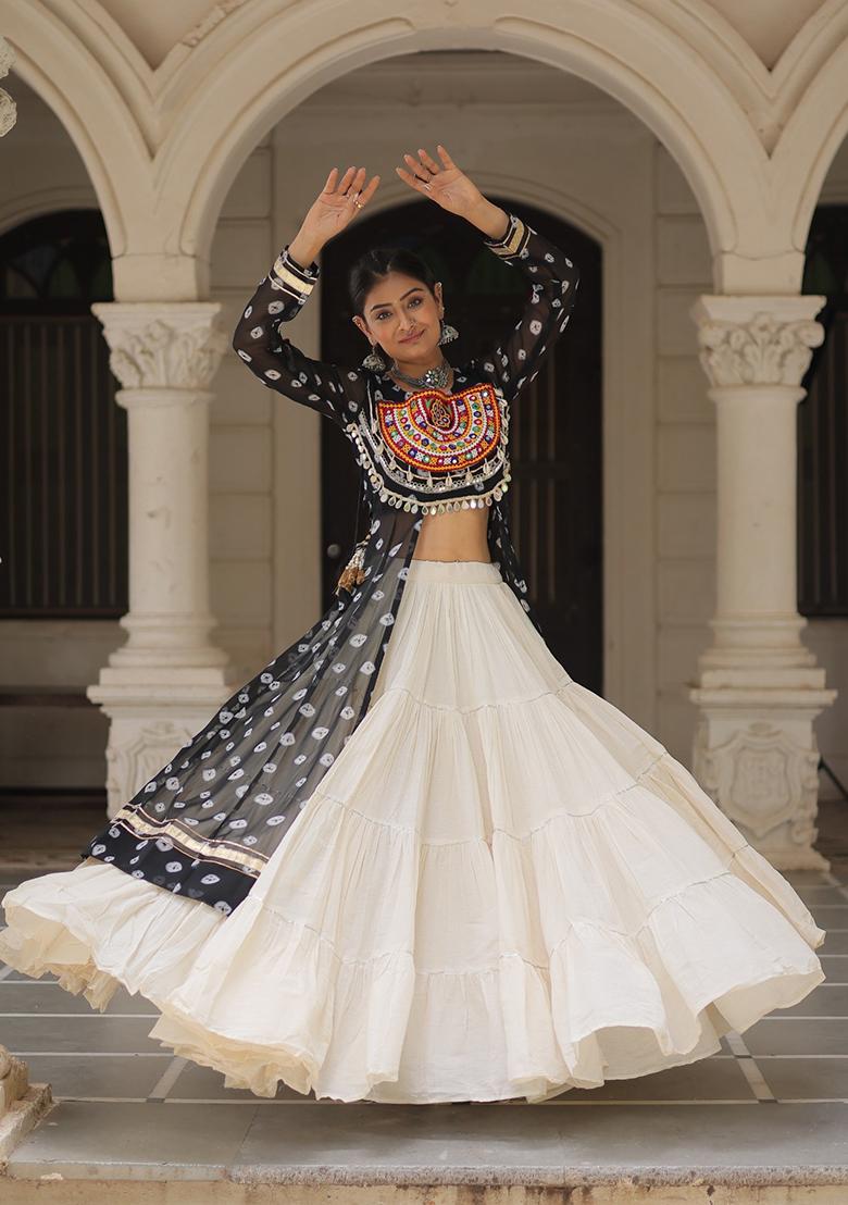 White Kutch Work Cotton Lehenga Set - Indya