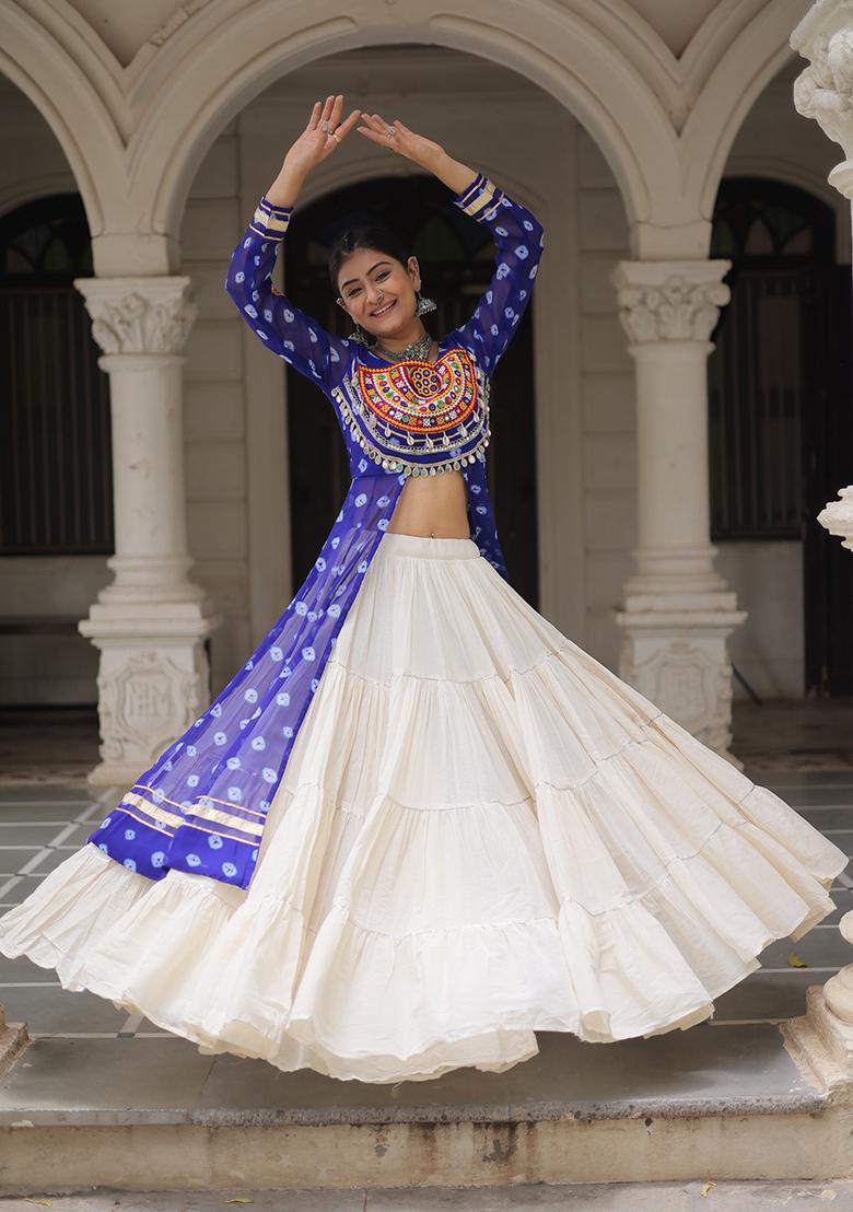 White Kutch Work Cotton Lehenga Set - Indya