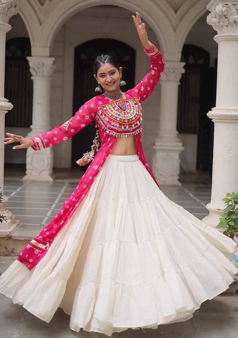 White Kutch Work Cotton Lehenga Set - Indya