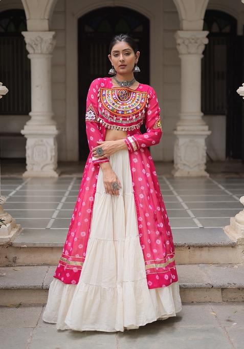 White Kutch Work Cotton Chaniya Choli Set For Navratri And Garba