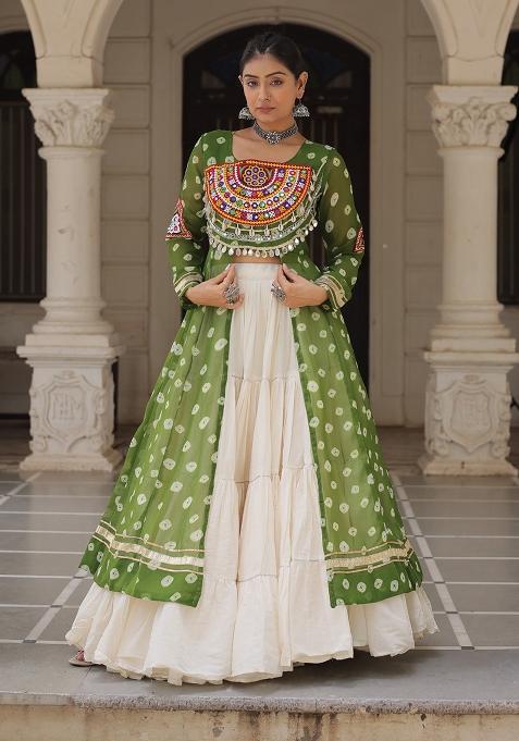 White Kutch Work Cotton Chaniya Choli Set For Navratri And Garba