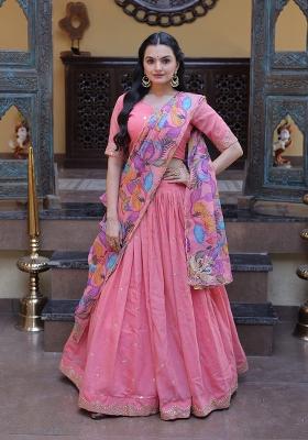 Pink Embroidered Silk Lehenga Set