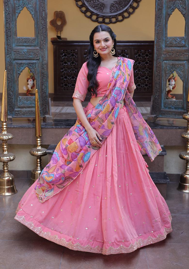 Pink Embroidered Silk Lehenga Set - Indya