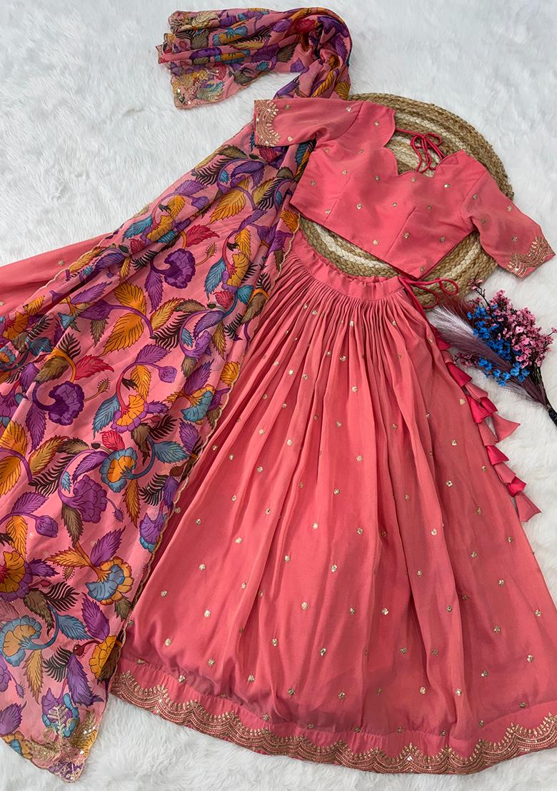 Pink Embroidered Silk Lehenga Set - Indya